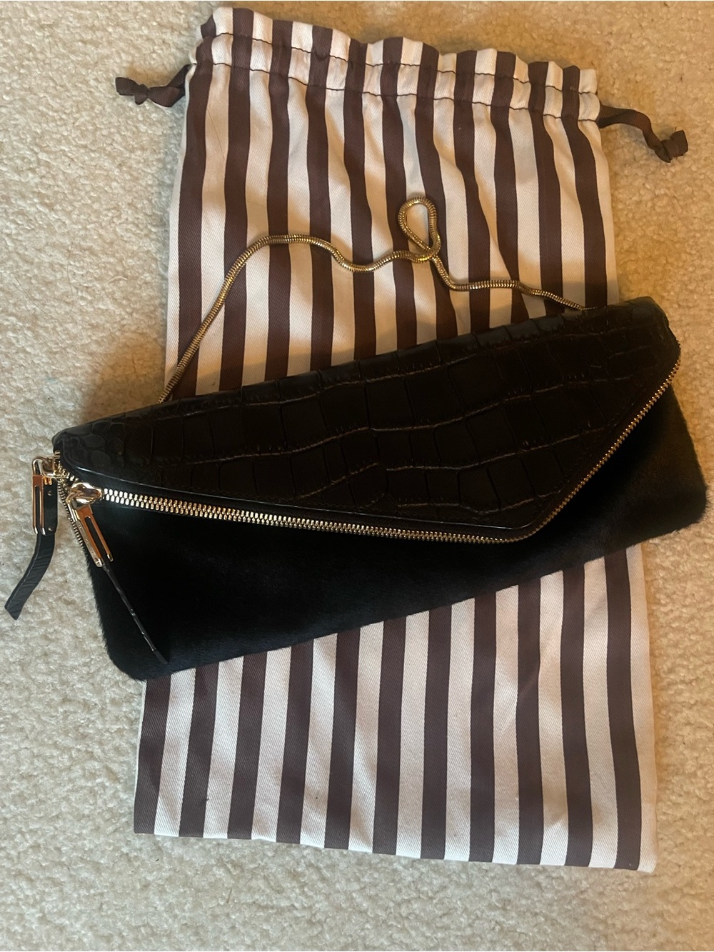henri bendel Black Croc-Embossed Foldover Clutch with Gold Chain